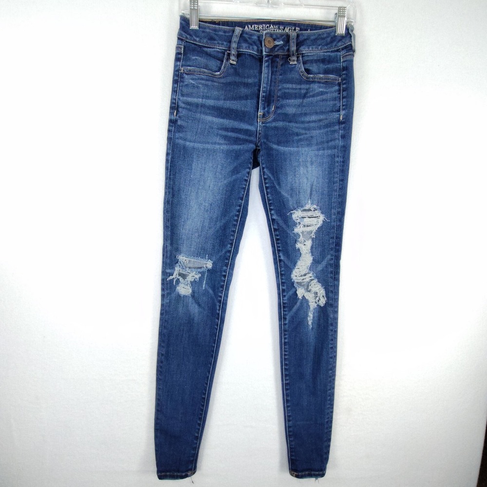 American Eagle Super Stretch X Hi-Rise Jegging‎ Jean SZ 2 Women DISTRESSED